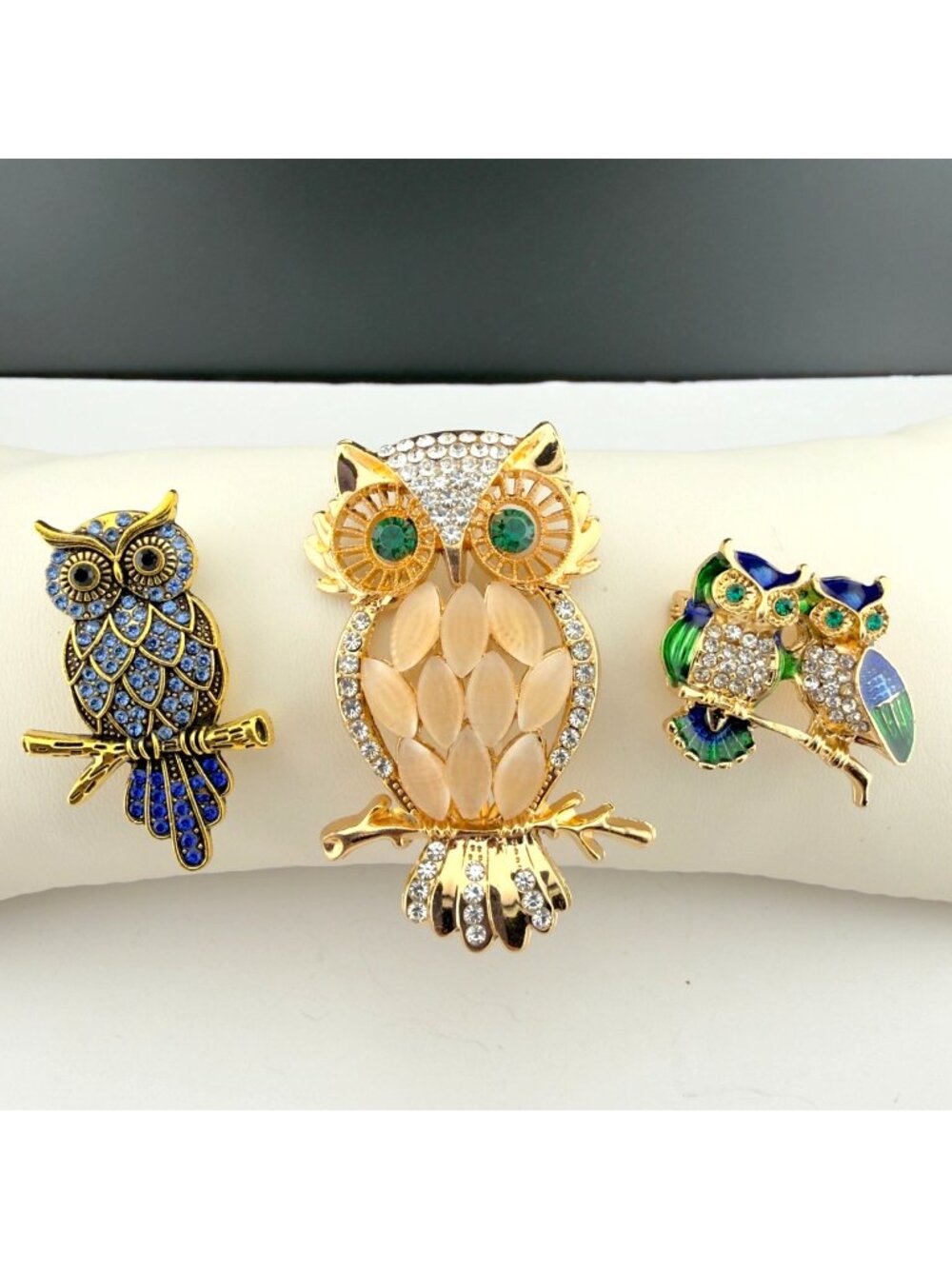 Set Of 3 Owl Brooch Pins Gold Tone Rhinestones Enamel Modern
